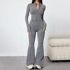Conjunto de Yoga Feminino de 2 Peças Jaqueta com Zíper de Manga Longa Calça Flare de Cintura Alta Malha Canelada Bodycon Conjunto de Treino Fitness