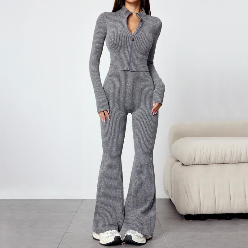 Conjunto de Yoga Feminino de 2 Peças Jaqueta com Zíper de Manga Longa Calça Flare de Cintura Alta Malha Canelada Bodycon Conjunto de Treino Fitness