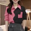 ZANZEA Women Turn Down Collar Summer Half Sleeve Patchwork Blouse