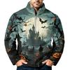 Men's Halloween Print Flannel Zip-Up Sweatshirt, Plus Size Stand Collar Casual Fall Winter Top