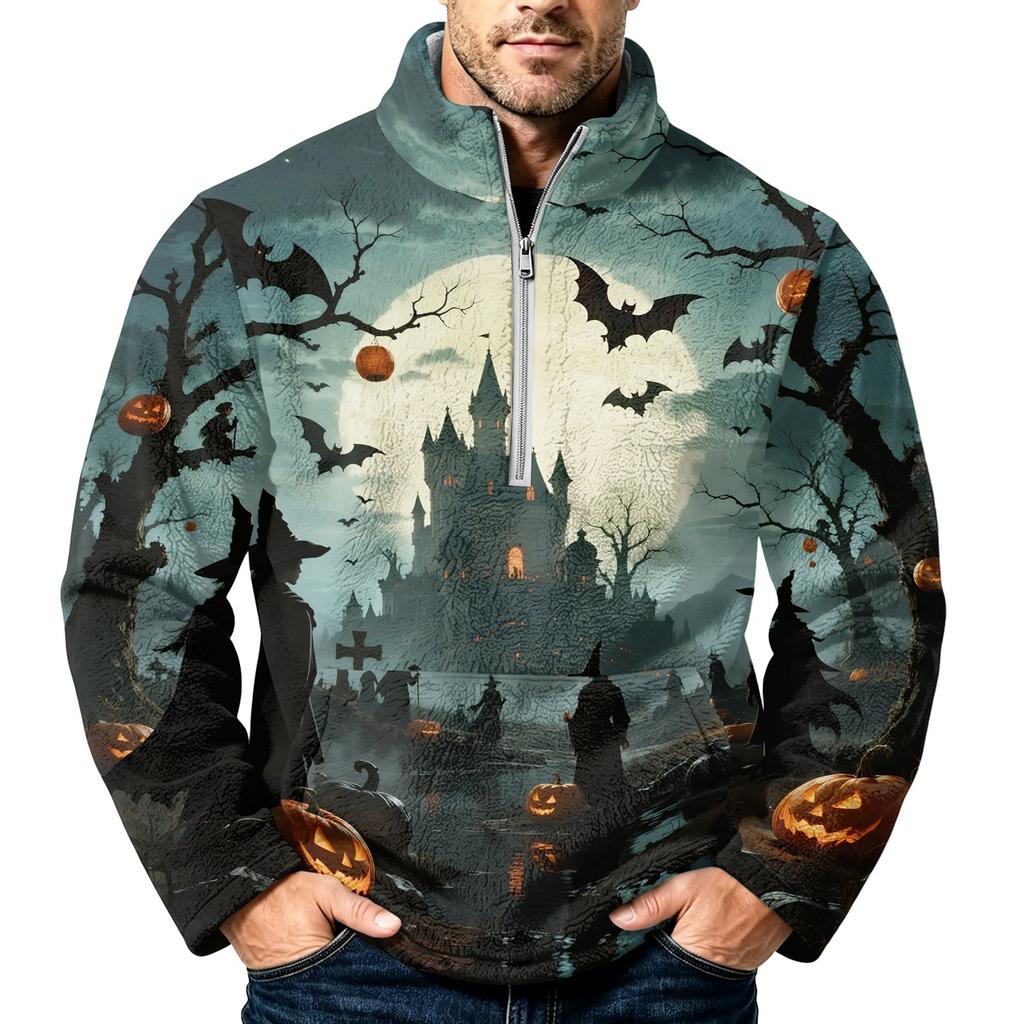 Men's Halloween Print Flannel Zip-Up Sweatshirt, Plus Size Stand Collar Casual Fall Winter Top