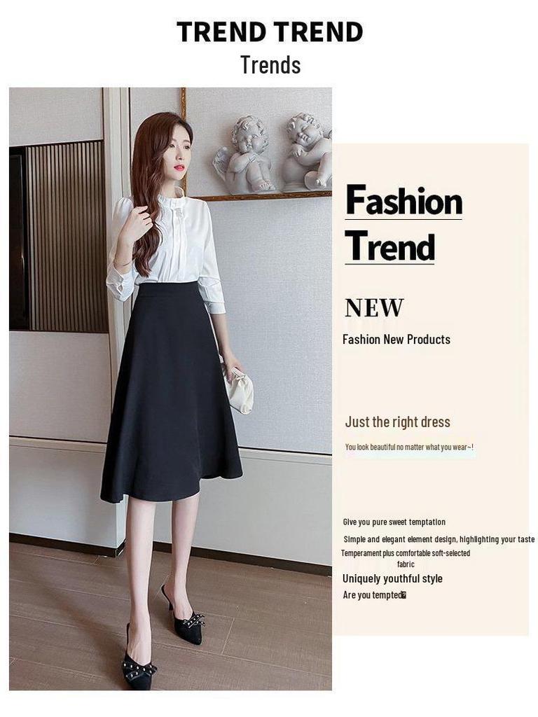 Petite Women's Black High-Waisted A-Line Pleated Mid-Length Skirt - Summer Professional Umbrella Style