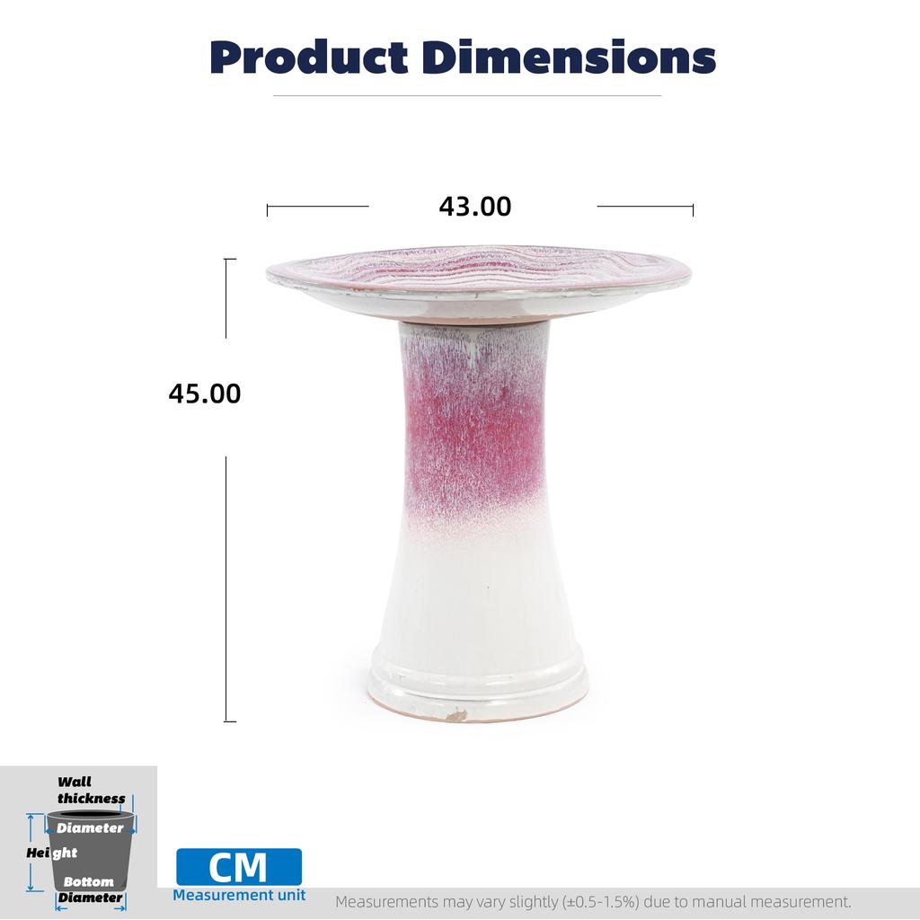 Handmade Ceramic Bird Bath (diameter 43 Cm, Height 45 Cm), White-Red-Pink Gradient Glaze with Wave Pattern, for Garden, Patio and Balcony