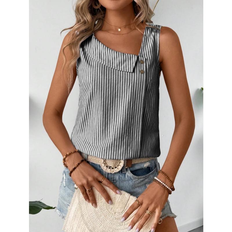 Ärmellose Gestreifte Schräger Halsausschnitt Damenbluse Neues Damen Casual Lockeres Oberteil Einfach Elegant Mode Süßes Büro-T-Shirt Streetwear Knöpfe Kleidung