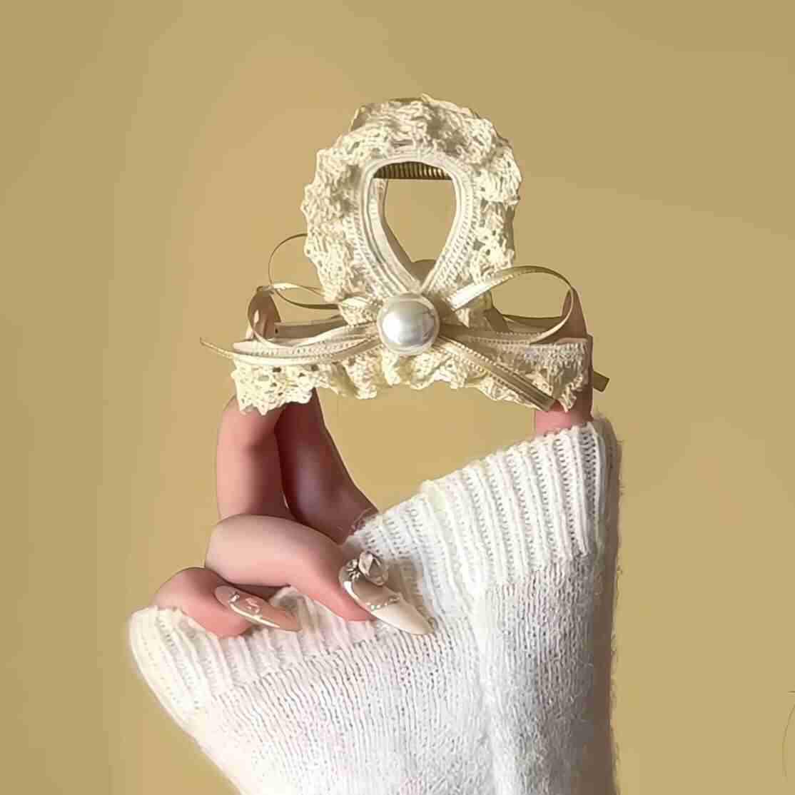 Elegant French Lace Pearl Bow Hair Clip for Women - Shark Clip for Bun