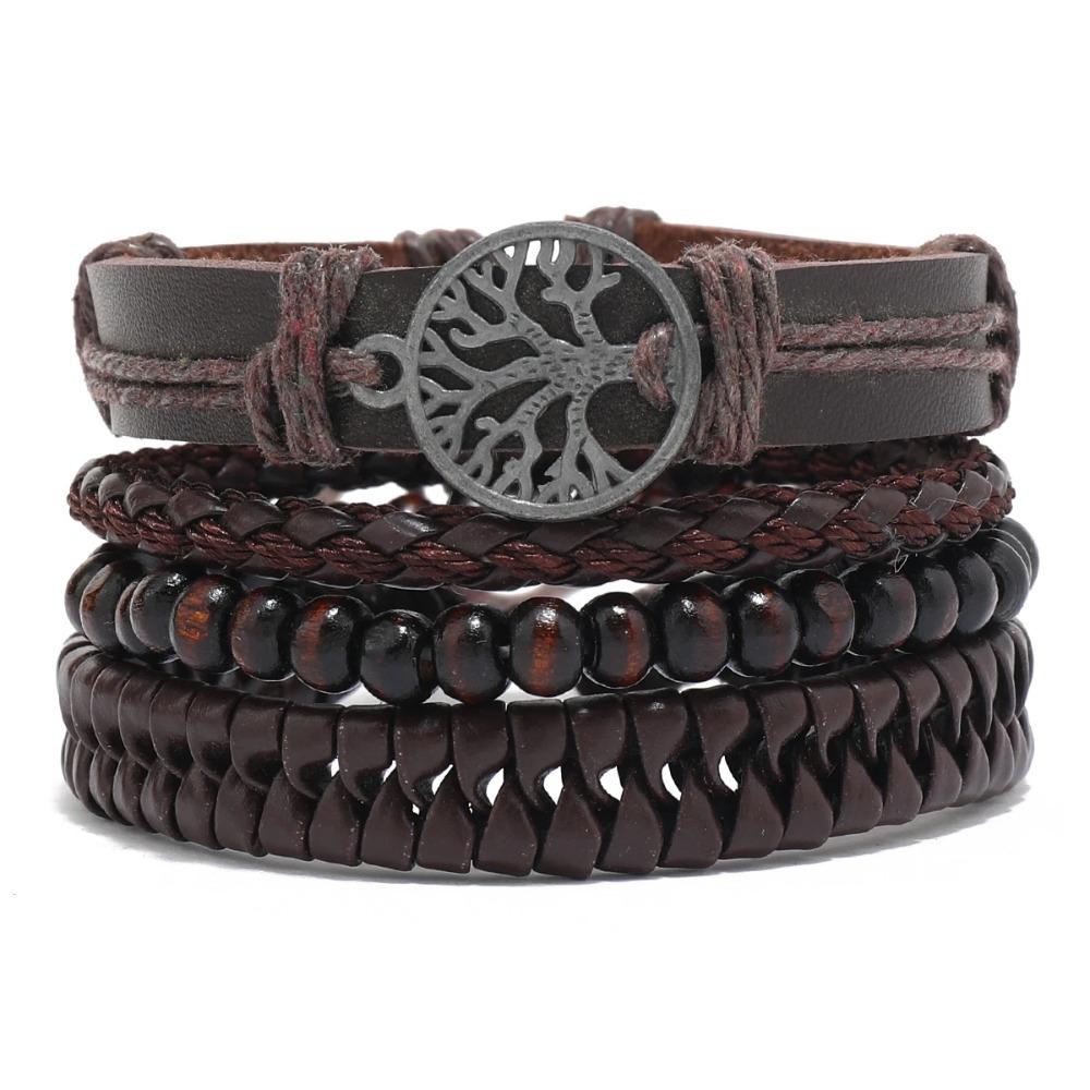 Braided Leather Bracelets for Men Vintage Life Tree Charm Wood Beads Ethnic Tribal Wristband Rope Bracelet Set