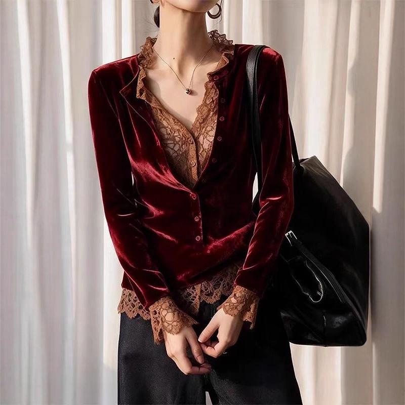 2025 Velours Kant Patchwork Wijnrood Tweedeelig Dames Herfst Top