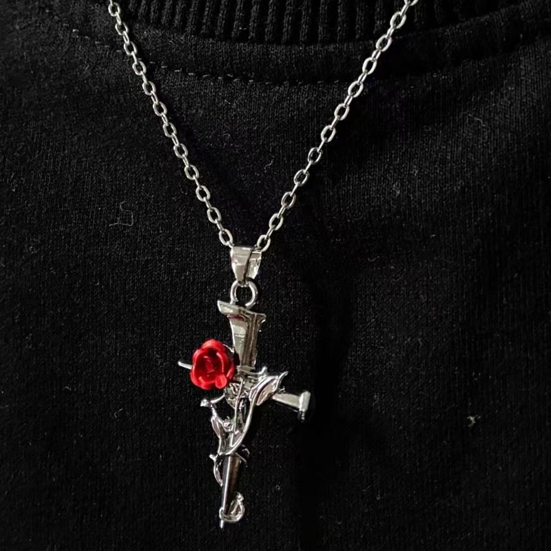 Alloy Rose Crucifix Pendant Necklace For Everyday Wear Religious Symbol Jewelry Gift With Adjustable Chain Design