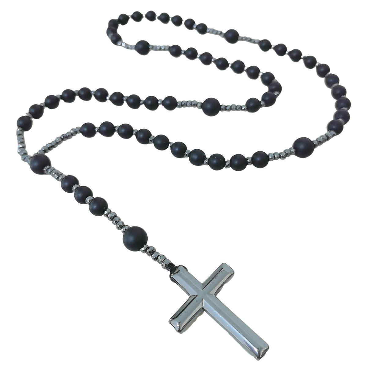 Long Tiger Eye, African Turquoise, and Black Onyx Beaded Cross Pendant Rosary Necklace