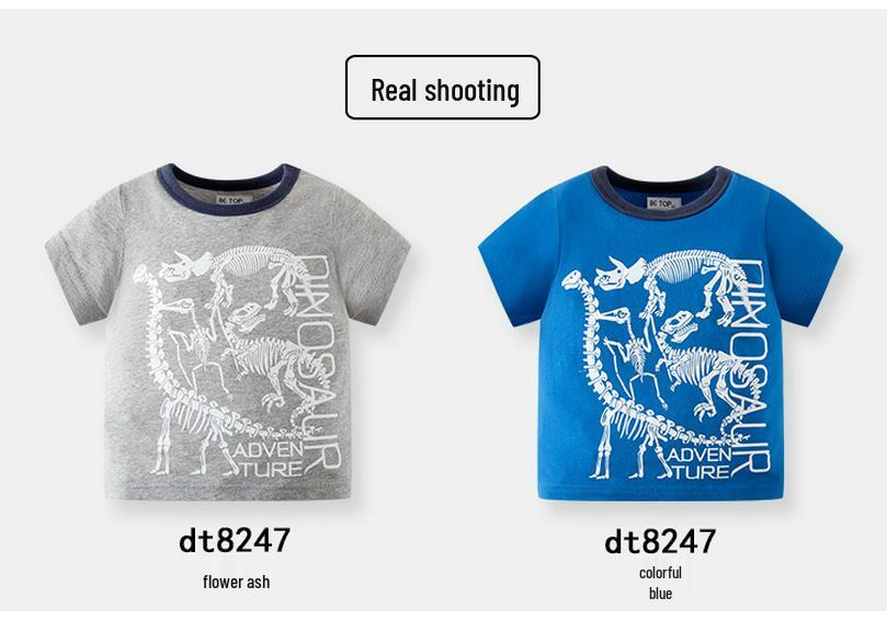 2026 Summer Boys Korean Style Dinosaur Round Neck Cotton T-shirt