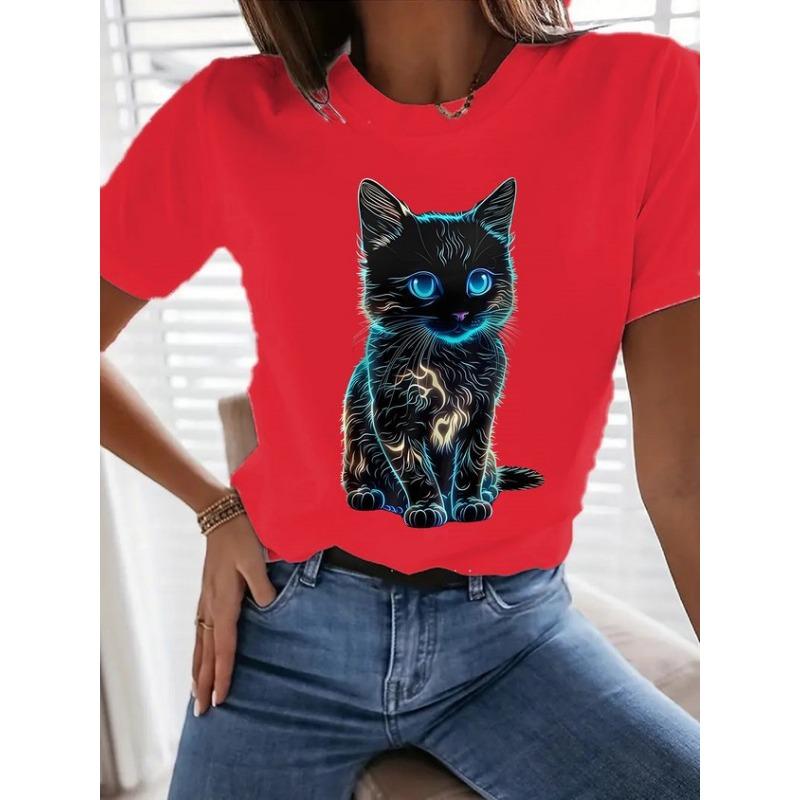 Letnie T-shirty damskie z okrągłym dekoltem i modnym nadrukiem 3D kota z krótkim rękawem