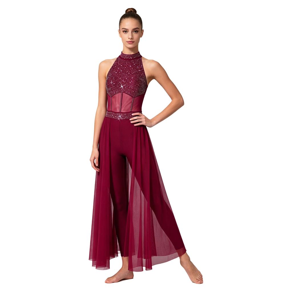 Women Lyrical Dance Unitard Glitter Rhinestone Halter Backless Sheer Waist Tight Pants Mesh Layer Jumpsuit Flowing Dancewear for Stage Performance