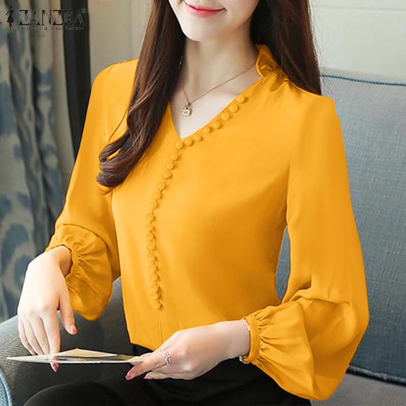 

ZANZEA женская прямая однотонная свободная блузка с v-образным вырезом и длинными рукавами и жемчужными пуговицами