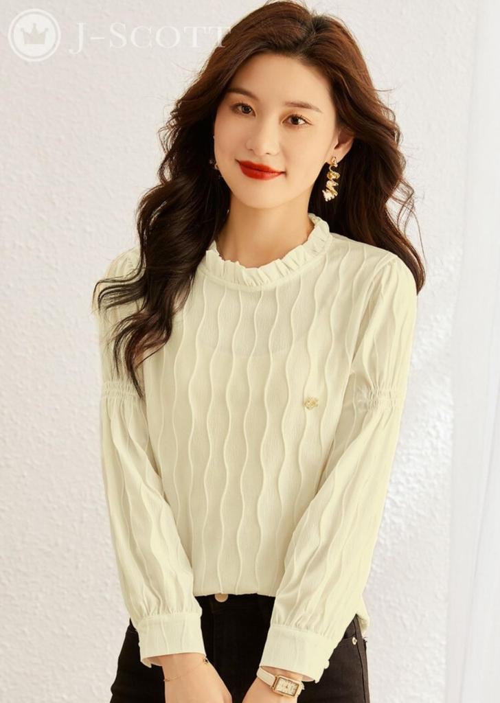 J-Scott Wave Print Blouse with Mini Brooch, Textured Fabric, Frill Neck, Long Sleeves, White (JS68-WH-2XL)