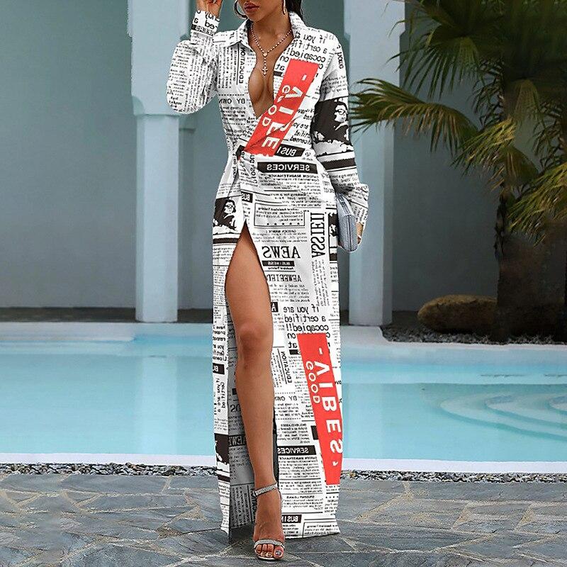 Buy Fashion Turn-down Collar Maxi Dress Elegant Newspaper Printed Women  Shirt Dress Sexy High Slit Long Sleeve Party Dress Vestidos at affordable  prices  free shipping, real reviews with photos  Joom