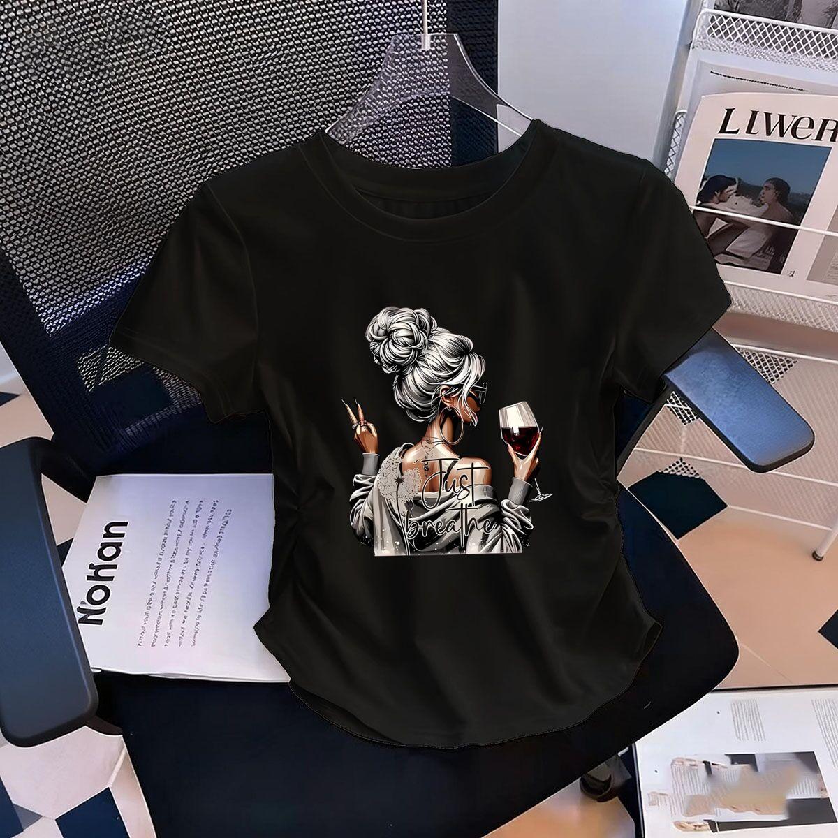 

Womens WaistDefining Elastic T Shirt Women Wine Breathe printed Short Sleeve Round Neck top tee Graphic tshirts XL