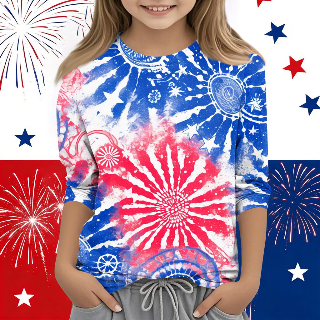 Print Tops For Youth Girls Round Neck 3/4 Sleeves T-Shirts Trendy Tops Outfit Tees Independence Day