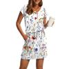Women's Summer V-Neck Casual Short Sleeve Drawstring With Pocket Vintage Floral Dresses