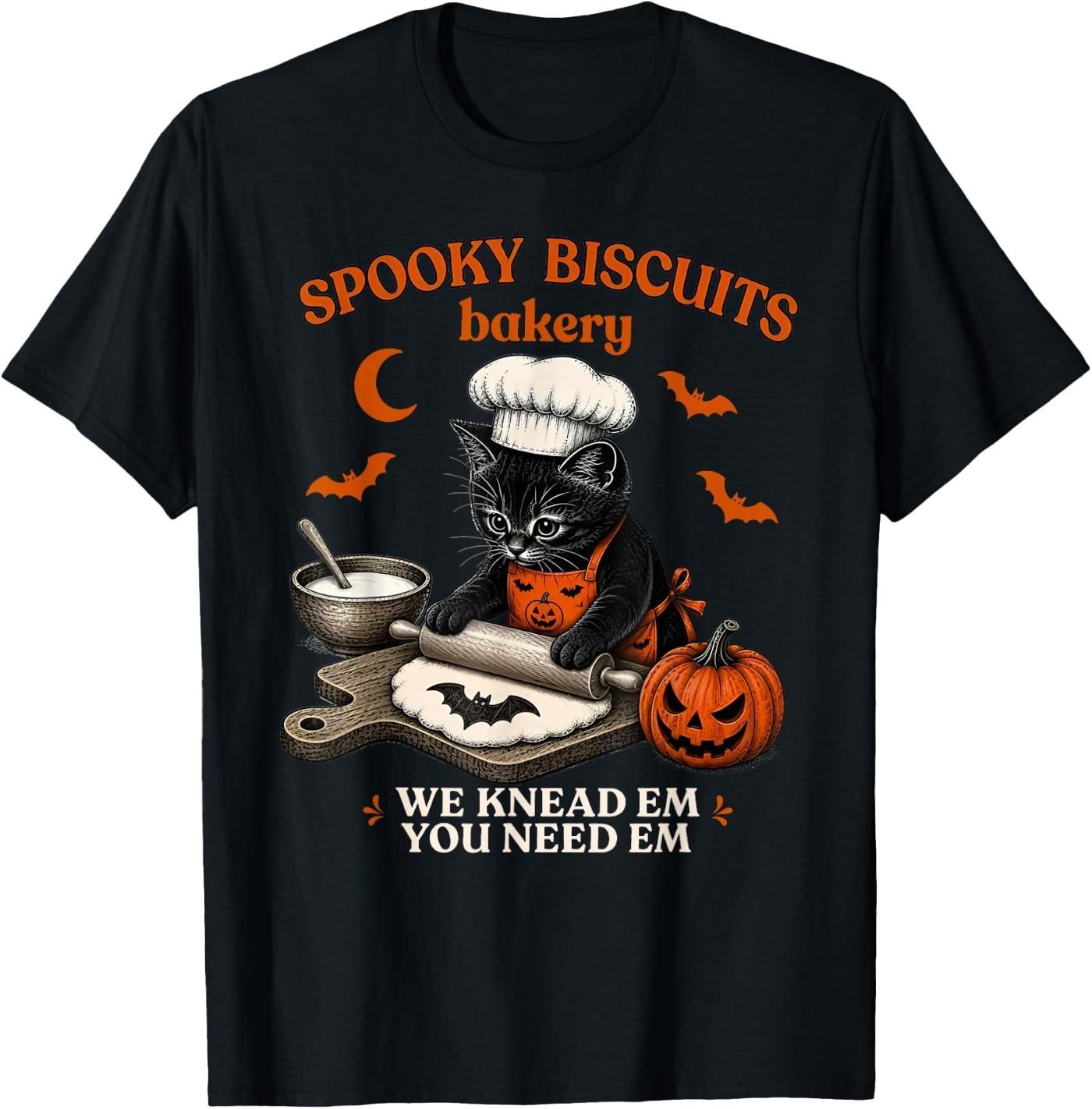 Spooky Biscuits Bakery Funny Black Cat Halloween Pumpkin T-Shirt XXXXL