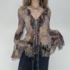 Printed Ruffle Edge Lace-up Top Retro Light and Thin Niche Slim-fitting Horn Long Sleeve