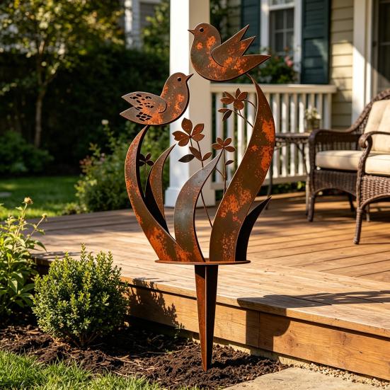 2 Stück Vogel und Wildblume Metall Gartenstecker Vintage Rost Außenpflanzenstecker Dekorative Hofkunst für Terrasse Rasen Veranda Dekoration
