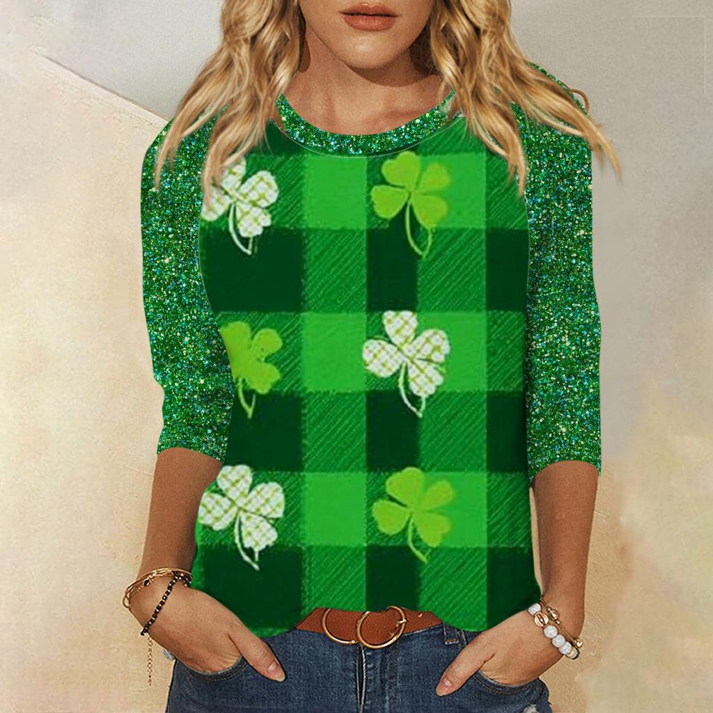 Damski St. Top z nadrukiem na Dzień Świętego Patryka, z okrągłym dekoltem i rękawem trzy czwarte
