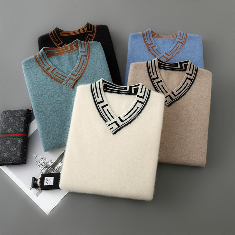 Twelve Needle Double-strand High-strength Color-blocking Cross V-neck Cardigan Men's Autumn and Winter New Fashionable and Versatile Base Shirt