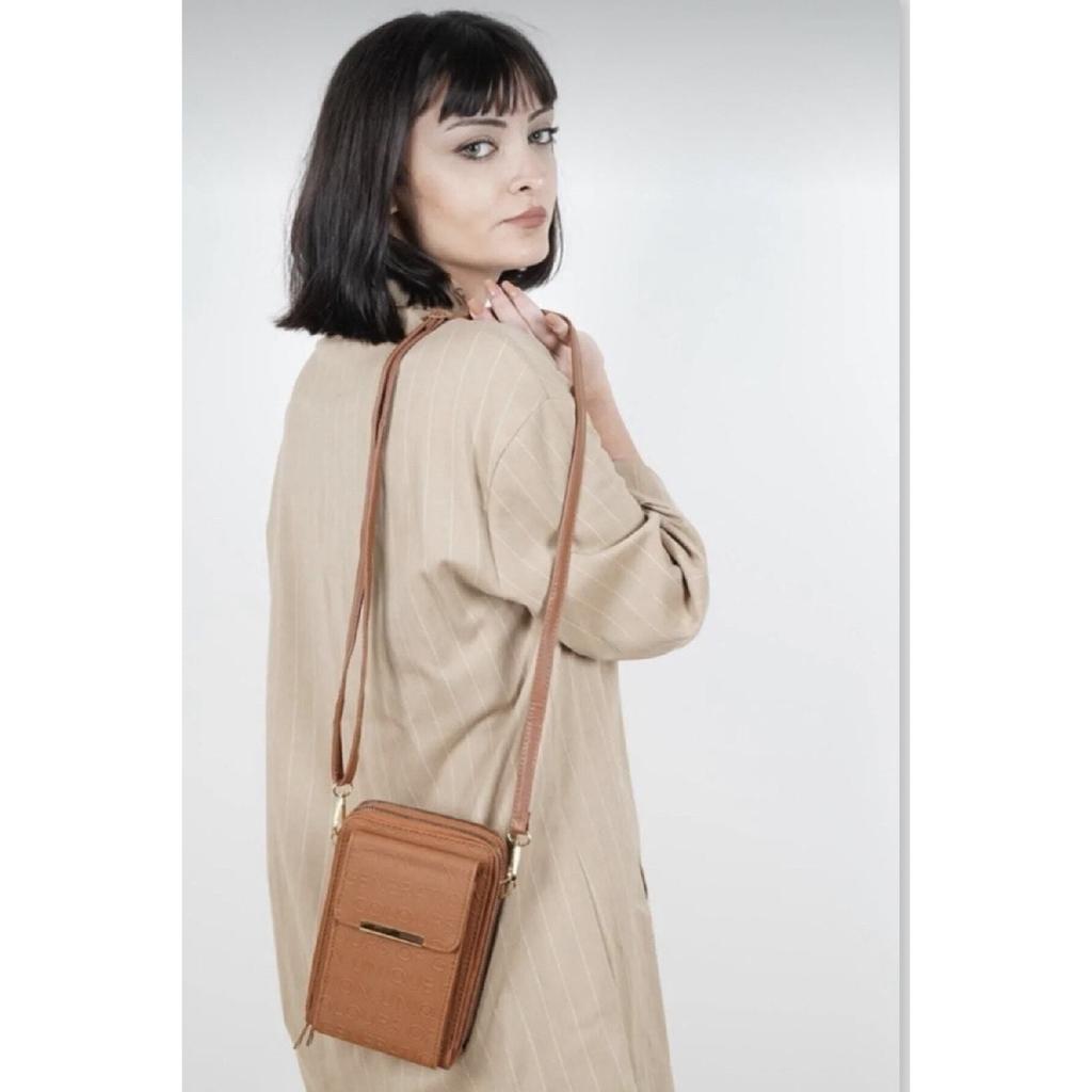 Black Leather Strap Bag With Card Holder, Magnetic Front Cover Pocket, Fits All Phone Models