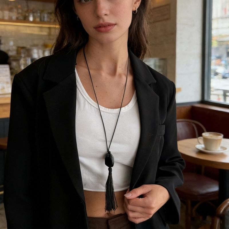 Stylish Retro Long Beaded Necklace Featuring Black Resin Pendant And Delicate Fringe Designs For Daily Wear