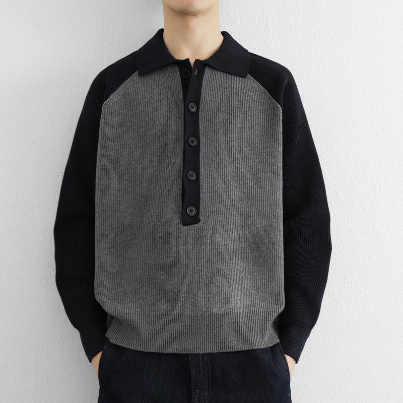Men's 2025 Color-Block Knit Sweater Coat: Trendy Autumn/Winter Loose, Lazy Style with Half-Button and Turn-Down Collar
