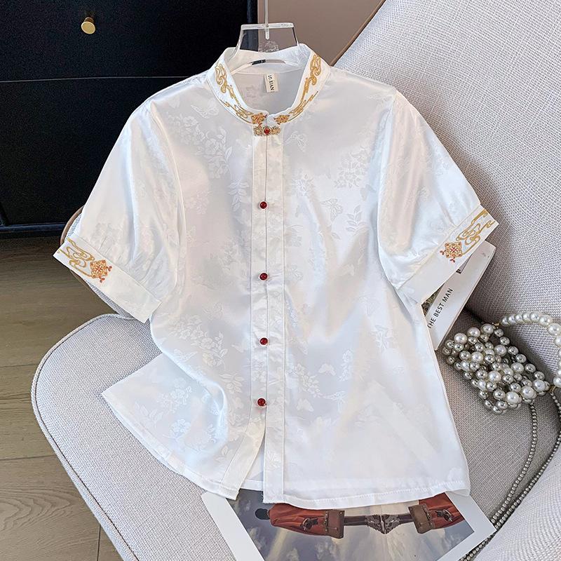 

Women s Mid-Sleeve Jacquard Embroidery Hanfu Shirt with Frog Buttons Large белый