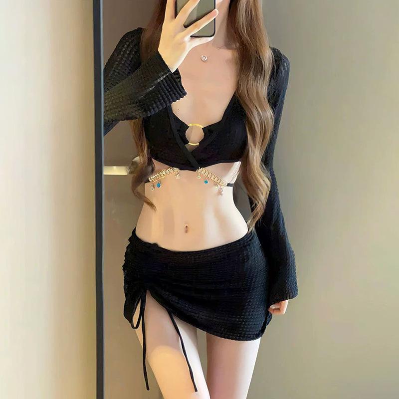 Bikini Suit Solid Color Sexy Four-piece Split Skirt Hollow Diamond Chain Seaside Vacation Sexy Swimsuit