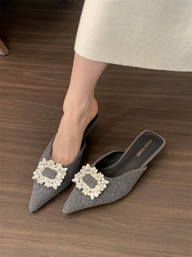 Aphixta Sexy Med Heels Elegant Women Slides Pointed Toe Summer Dress Slides Luxury Crystal Grey Low Heel Slipper Shoes