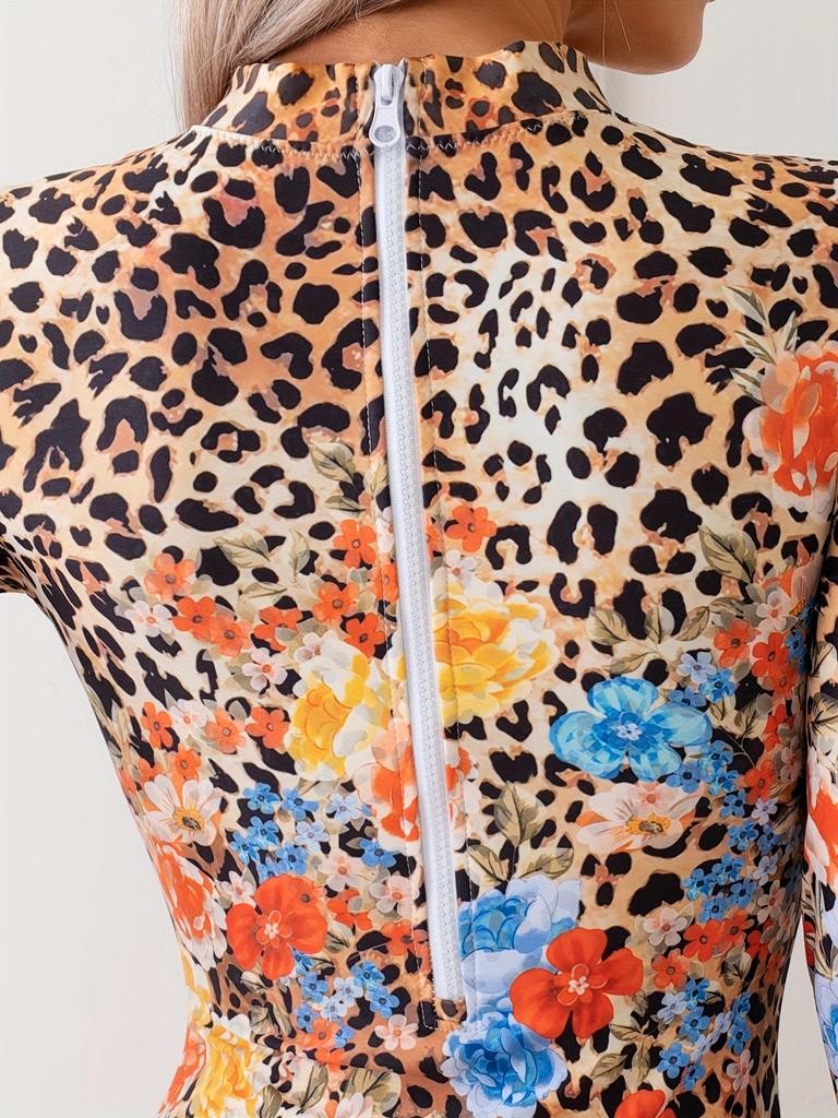 Women's Long Sleeve One-Piece Bikini Swimsuit with Printed Triangle Pants