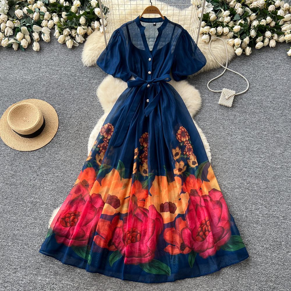 French Vacation Style V-neck Bubble Sleeve Floral Print Dress Women's Summer Light Mature Wind Waist Big Swing Dress