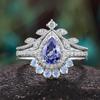 European and American new fashionable blue water drop-shaped gemstone inlaid with personalized luxury women's three-piece ring