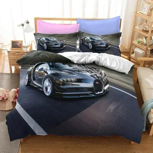 Sportwagen Bettbezug 3D Rennwagen Bedrucktes Bettwäscheset Queen King Size mit Zwei Kissenbezügen Herren Cool Polyester Für Bettdeckenbezug