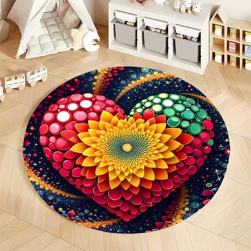 Colorful Heart and Flower Design Round Rug for Living Spaces round carpet for home sofa bedroom, gift