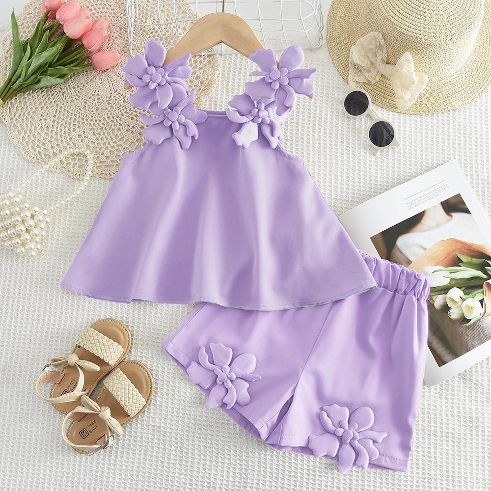 New Girls' Summer Outfit Set with 3D Flowers, Camisole Top and Shorts Two-Piece Set for Girls