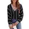 New Autumn and Winter Knitted Sweater Women's Top V-neck Contrasting Color Striped Pullover Loose Sweater Women