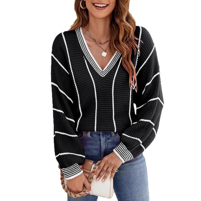 New Autumn and Winter Knitted Sweater Women's Top V-neck Contrasting Color Striped Pullover Loose Sweater Women