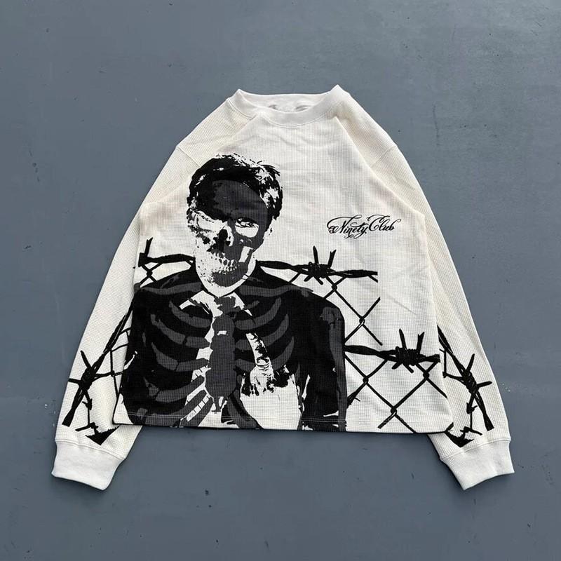 Men Women Long Sleeve T Shirt Gothic Skull Print Loose Fit Streetwear Hip Hop Top