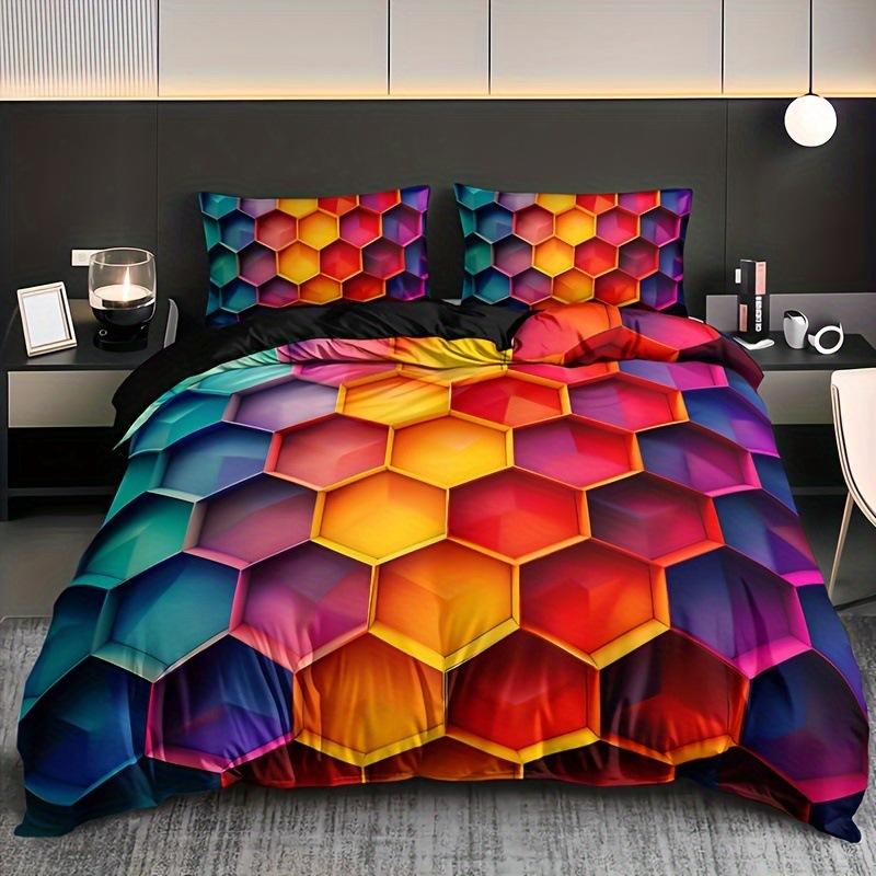 Color geometric duvet set high definition printing bedding suitable for family dormitory decoration