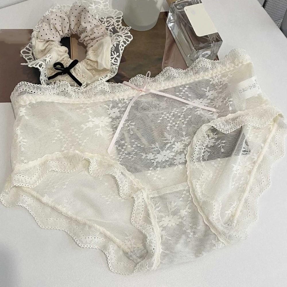 Mid Waist Lace Panties Briefs Mesh Lace Briefs Breathable Underwear for Women  Female Lingerie