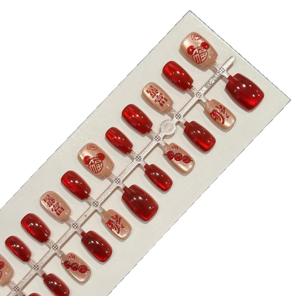 Handmade Resin Red Faux Nail Art Tips: 30 Pre-made Wearable Fortune & Blessings Stickers