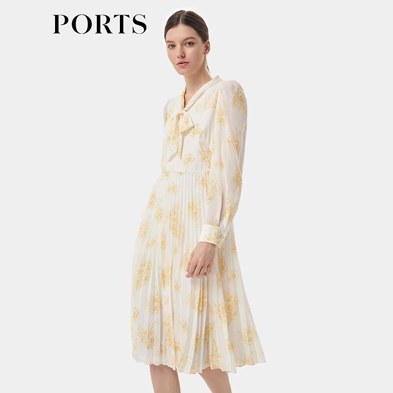 

PORTS Women s Spring/Summer Elegant Tie-Neck Dress - Vanilla Cream Print L