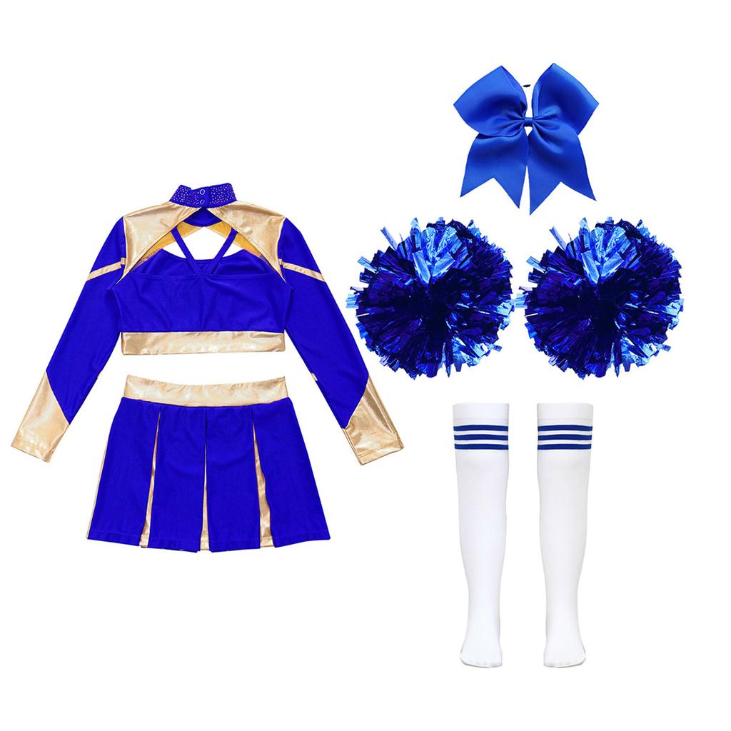 Kinder Mädchen Glitzerndes Cheer Outfit Ausgeschnittenes Crop Top Plissee Rock Gestreifte Strümpfe Schleife Accessoires Set