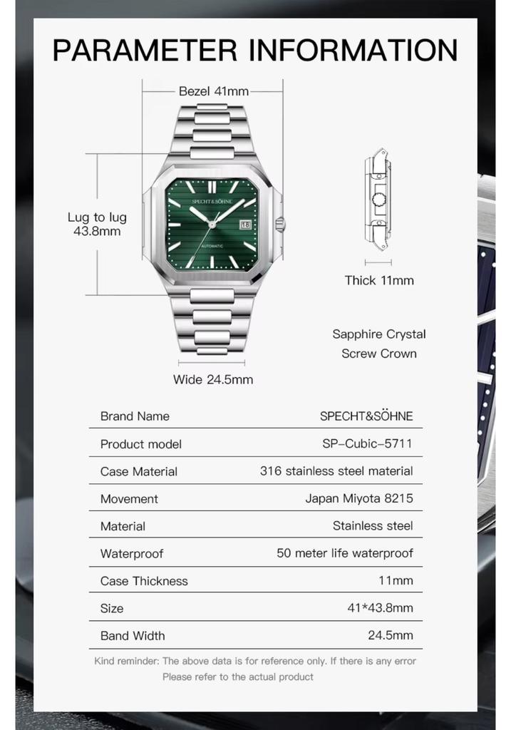 2026 Specht & Söhne New Fashion Luxury Cubic 5821 Mechanical Watch For Men Sapphire Crystal Automatic Watch 50M Waterproof 41MM