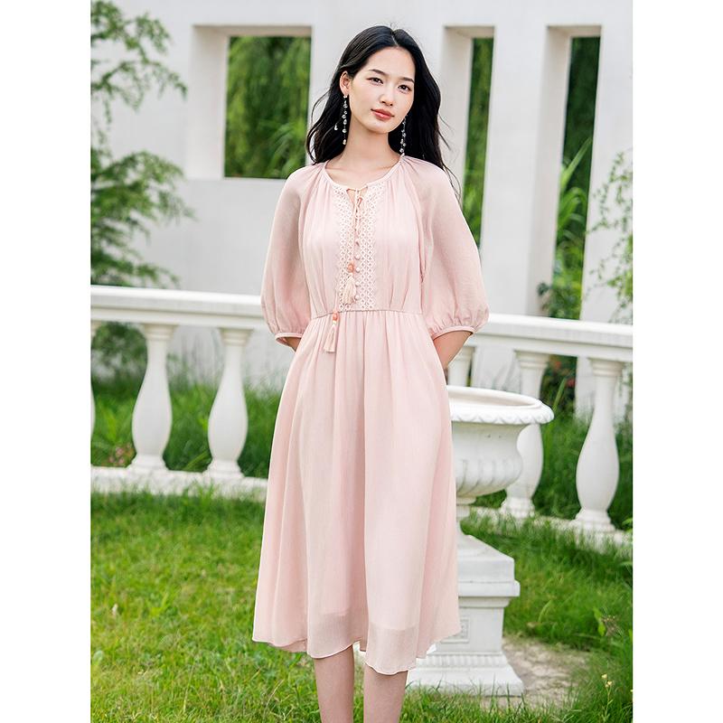 Jiuzi Anna Kou Laziness Wave and Ethnic Style Laisel Waist Dress Women's 2025 Summer New Style