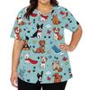 Top da Lavoro da Donna con Scollo a V, Manica Corta, Spacchi Laterali e Tasche, Stampa Animalier, Camice Medico, Vestibilità Comoda